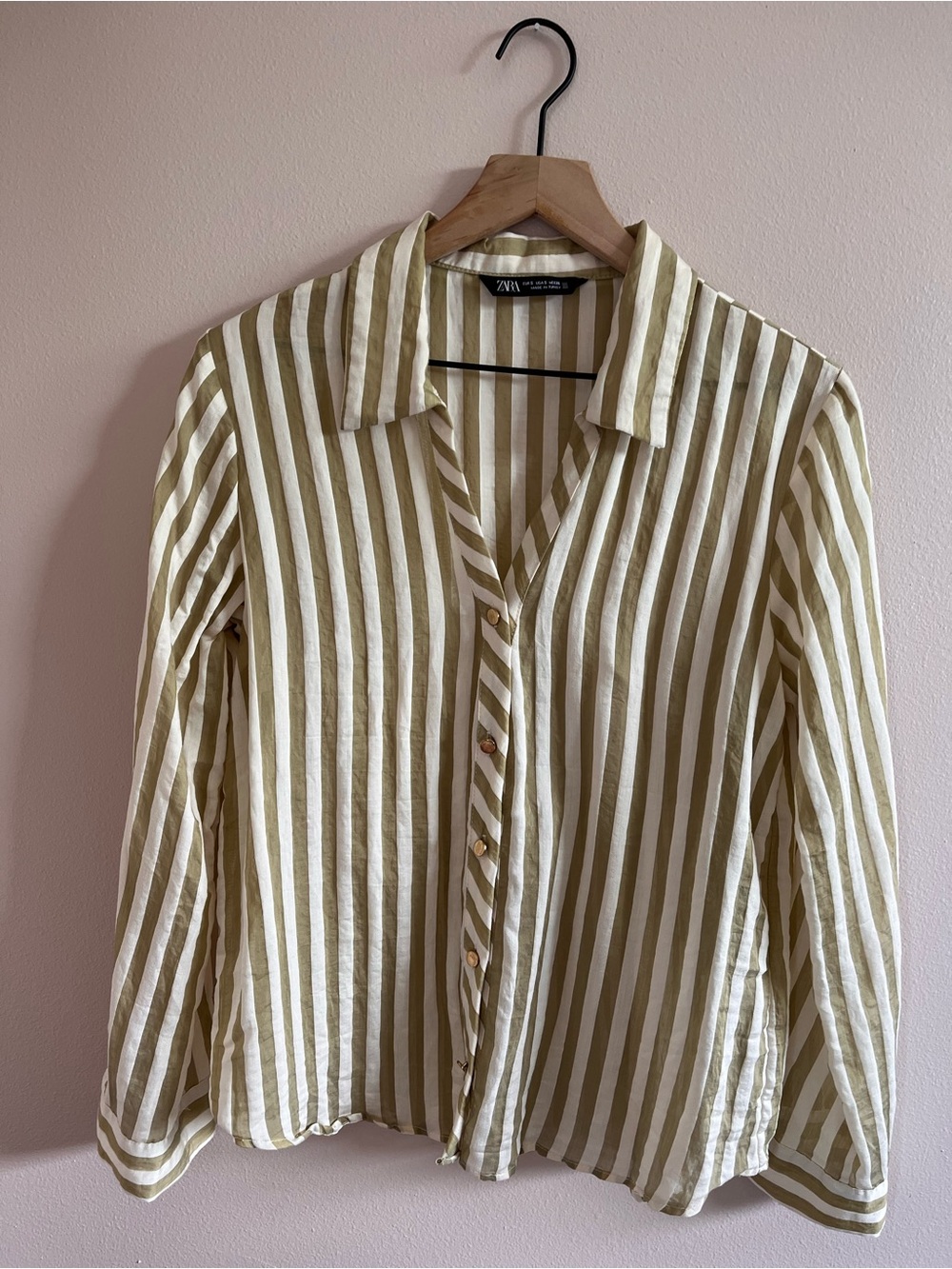 Zara Striped Button-Up Shirt in Olive Green & White